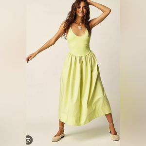 NEW FREE PEOPLE Sz lg EMILYS LOW BACK STRETCH CORSET TOP MIDI DRESS LIME